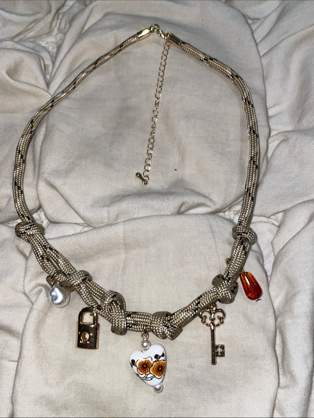 Free People Multi Charm Rope Statement Necklace Tan Cord Whimsigoth Jewelry
